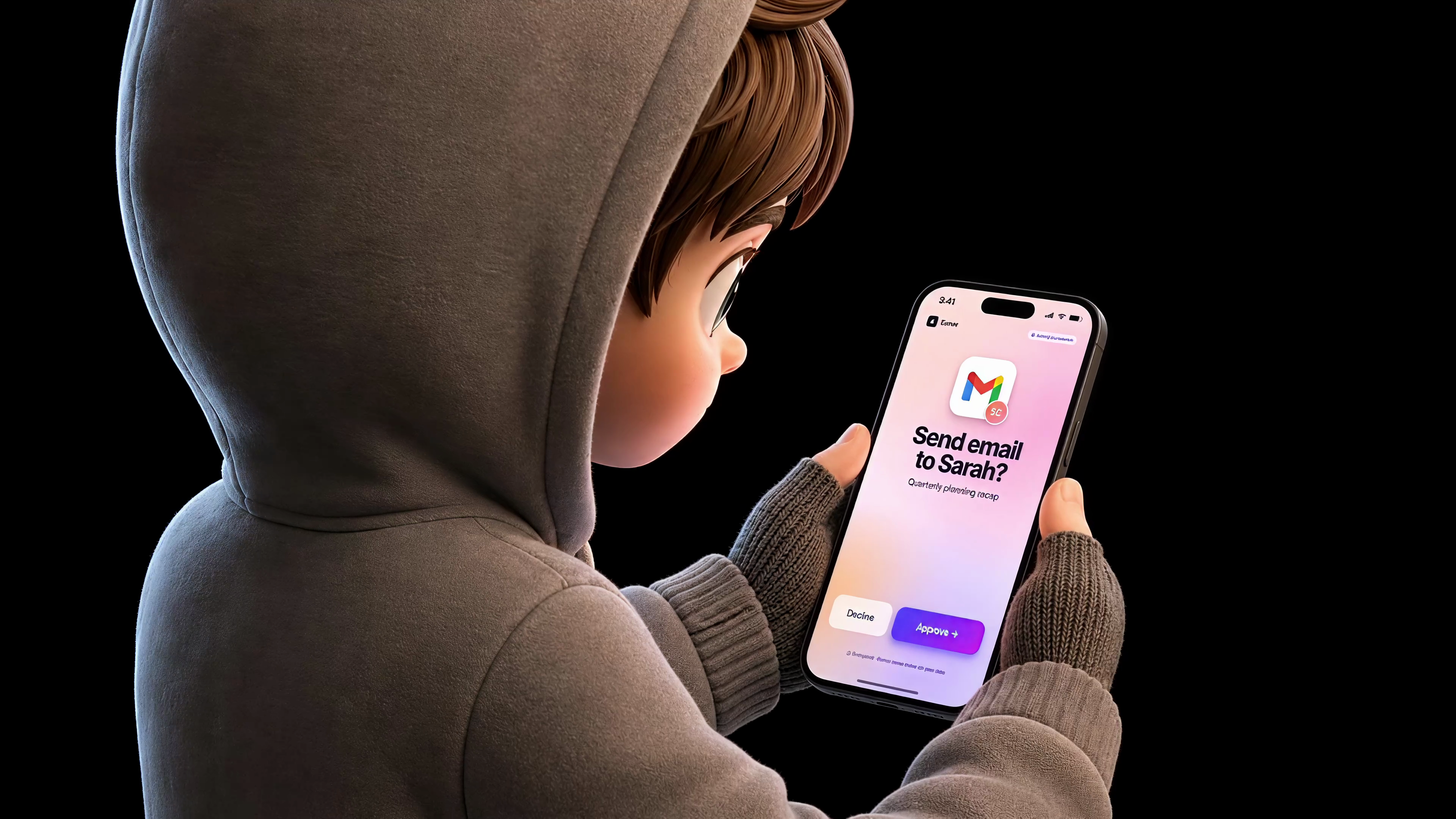 A chibi character in a grey hoodie holding an iPhone showing a pending Gmail approval card to send to Sarah Chen.